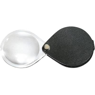 A round magnifying glass with a black, foldable casing that serves as a handle. Suitable for reading or examining small details.