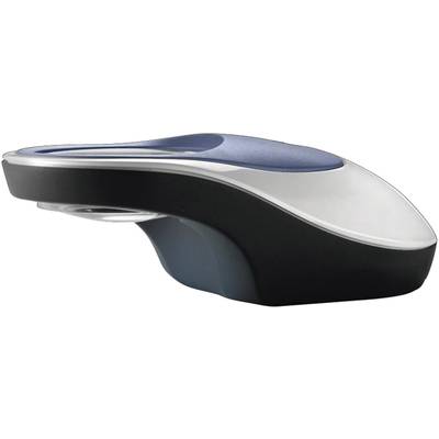 Computer mouse with ergonomic design in black and blue. Side view shows flowing form and smooth surface, emphasising comfort.