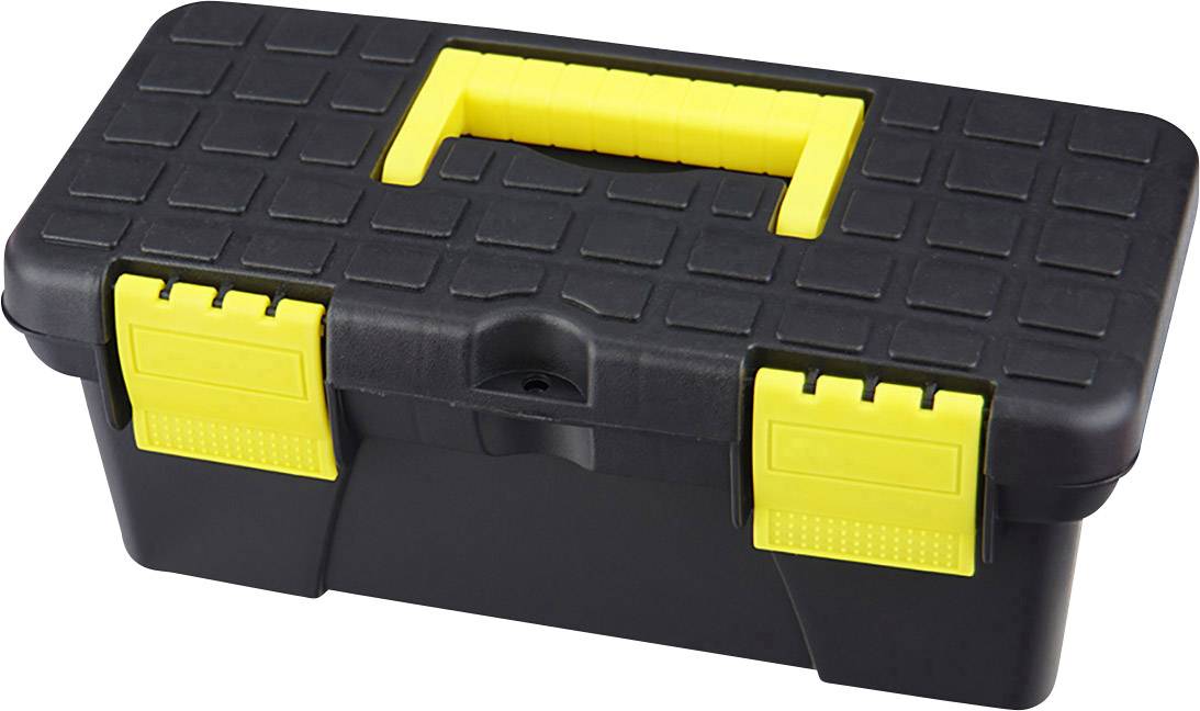 Black toolbox with yellow handle and latches, closed.