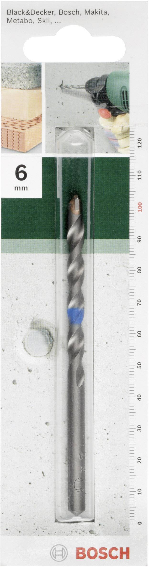 'Bosch concrete drill bit, 6 mm diameter, suitable for Black&Decker, Bosch, Makita, Metabo, Skil. Image shows drill bit and applications.'