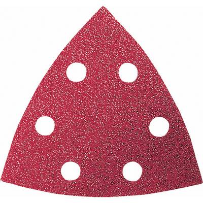 Red, triangular sandpaper with six round holes, used for sanding equipment in woodworking or creating smooth surfaces.