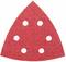 Red, triangular sandpaper with six holes, used for a triangular sander.
