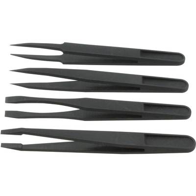 Four black tweezers in different shapes, lying parallel to each other.