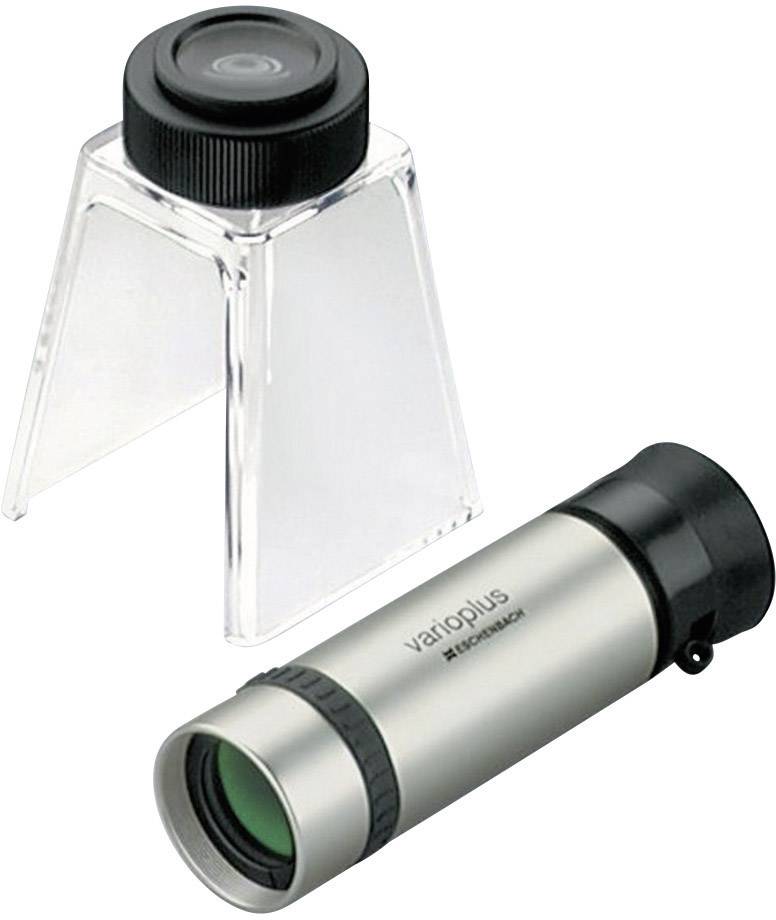 Two magnifying glasses: a silver, cylindrical magnifying glass with a 'varioplus' inscription and a transparent, triangular stand magnifier.