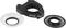 Camera ring flash device with control symbols, surrounded by a white and a black adapter ring, on a white background.