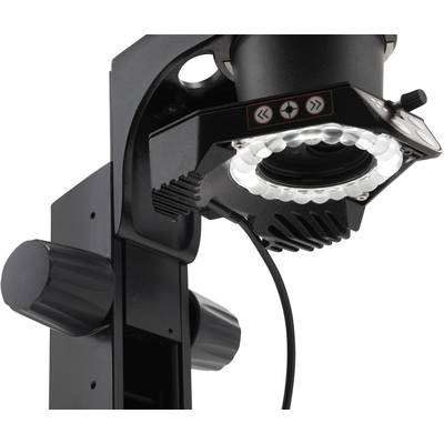 A black microscope with an illuminated lens system, suitable for precise laboratory examinations.