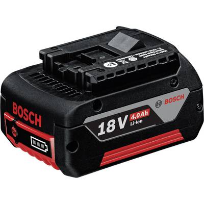 Black Bosch 18V 4.0Ah Li-Ion Battery with red and silver logo, suitable for tools, displays charging indicator and specifications.