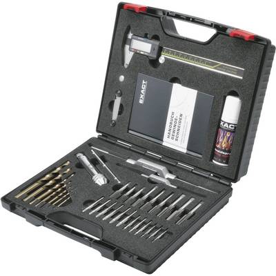 'EXACT' tool kit with drill bits, digital vernier caliper, lubricant and handbook, all neatly arranged in the case.