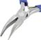 A silver pair of pliers with blue handles, opened, on a white background.