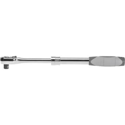 Torque wrench with silver lever and grey, rubber-coated handle, lying on white background.