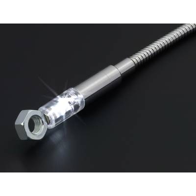 A flexible magnetic rod lamp lifts a metal nut. It illuminates brightly against a dark background.