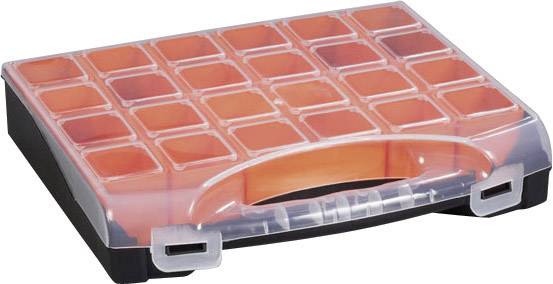 A transparent plastic case with orange compartments for sorting and storing small items.