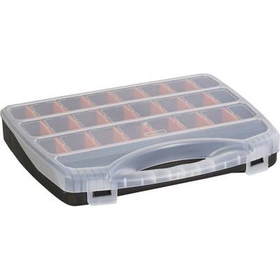 Transparent storage box with 18 compartments and carry handle, ideal for organising small items such as screws or beads.