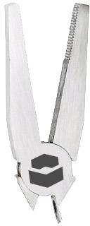 A silver tweezers with a logo on the front, consisting of two stylised dark grey boxes positioned one above the other.