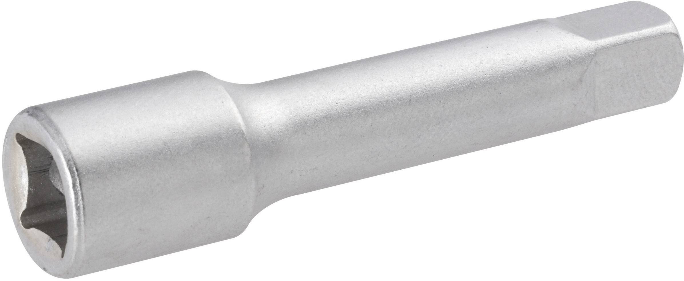 A silver-coloured socket attachment in cylindrical form with a hexagonal head, used for loosening or tightening screws.
