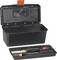 Opened black toolbox with a removable compartment, containing floating buoys and a ruler.