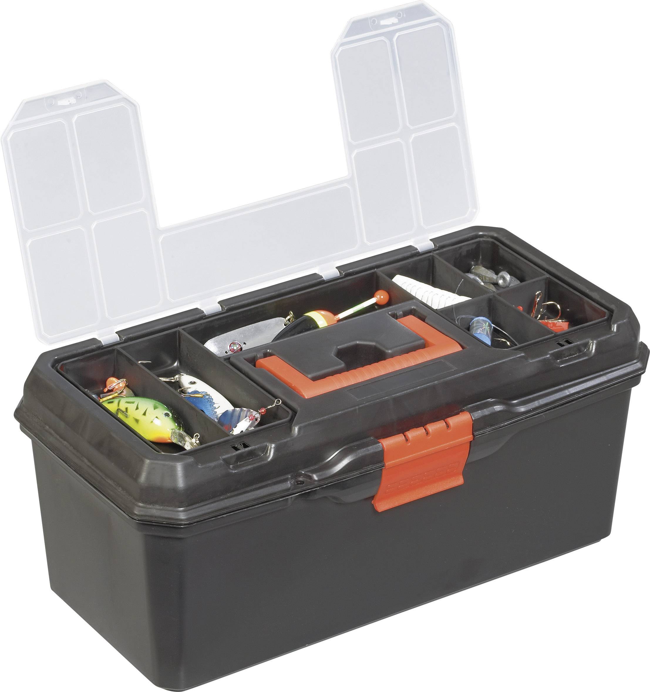 Black toolbox with an orange handle. Open, revealing compartments with various fishing lures and small tools.