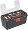 Black toolbox with an orange handle. Open, revealing compartments with various fishing lures and small tools.
