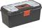 Black toolbox with a transparent lid. The red handle and central locking mechanism are visible.