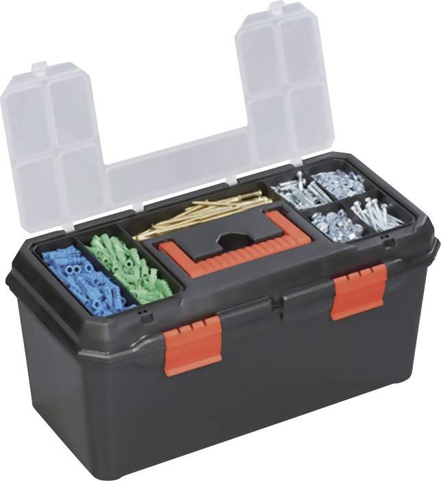 An opened toolbox with multiple compartments, filled with dübels, screws, and nails in various colours.