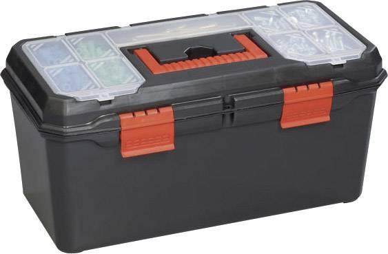 Black toolbox with red locks and a transparent lid with compartments for small parts.