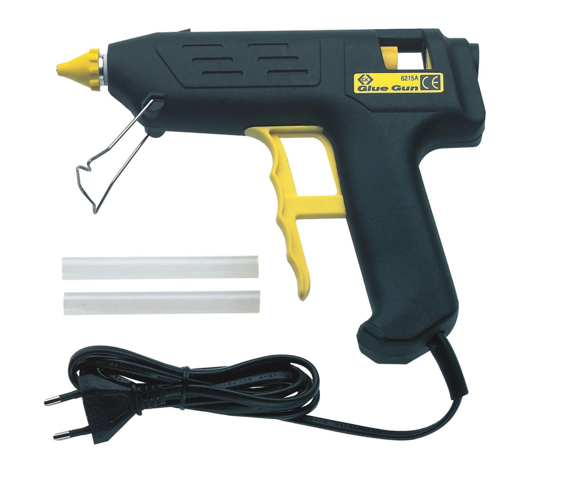 Black hot glue gun with yellow trigger, pictured with two glue sticks and power cable. Suitable for craft work.