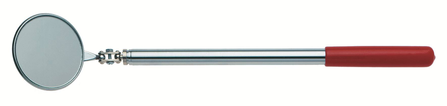 A round inspection mirror with a red handle, perfect for viewing hard-to-reach areas.