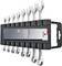 'Set of eight open-ended spanners in a black holder, enabling compact storage and easy access.'