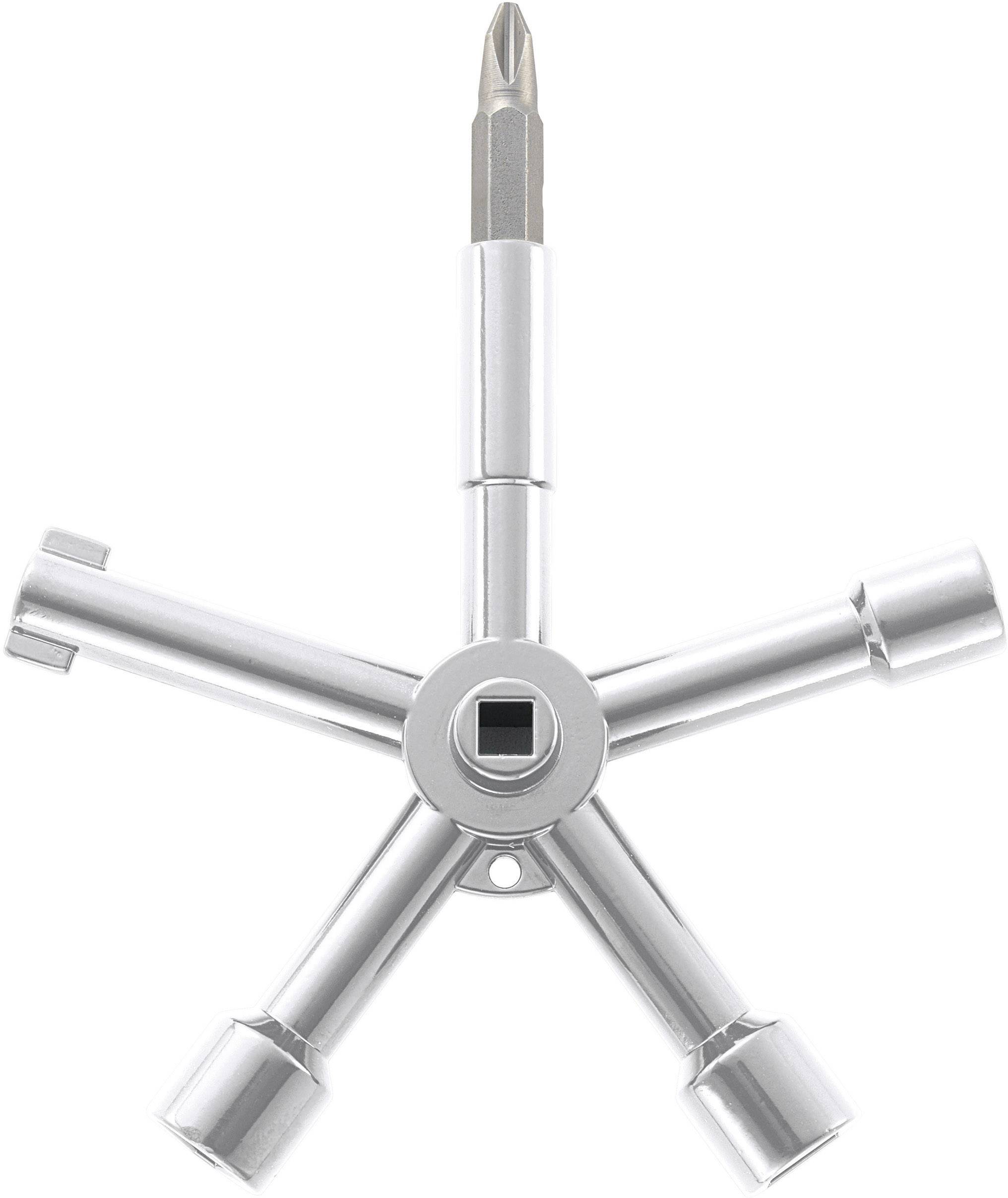 A silver four-armed key with arms pointing in different directions and a screwdriver attachment at the top centre.