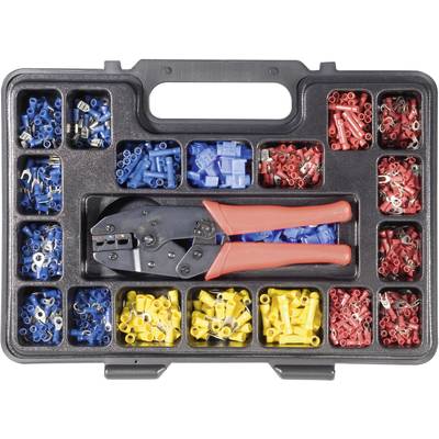 A toolkit containing a crimping tool and various coloured cable shoes in compartments.
