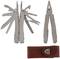 Multi-tool with open blades, pliers and saw. Alongside a brown leather holster. Ideal for outdoor activities.