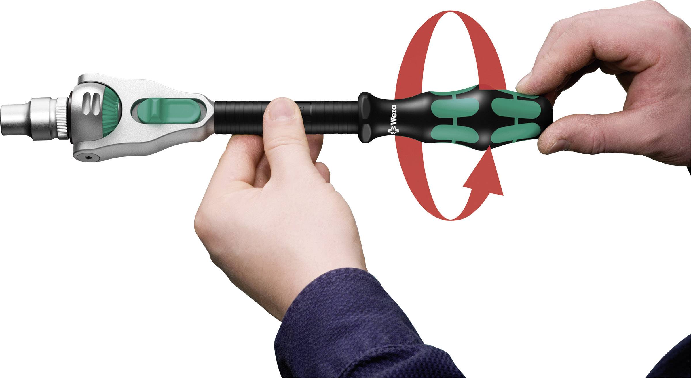 A hand is holding a screwdriver with an arrow indicating a rotational movement to demonstrate its function.