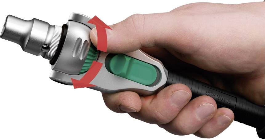 'Close-up of a hand holding a tool, with a red arrow indicating the direction of rotation.'