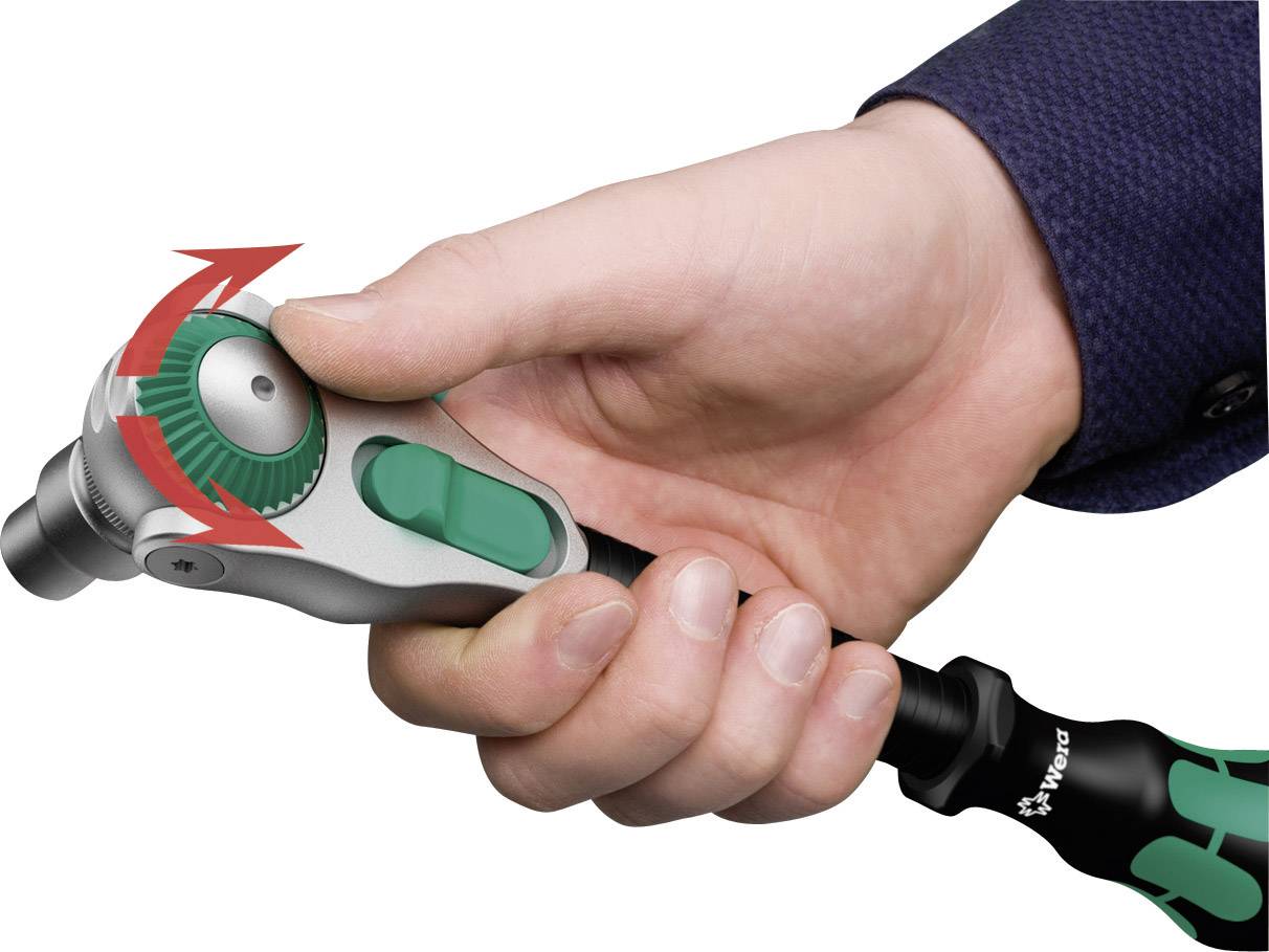 A hand grips a ratchet spanner and turns the green wheel to change direction. The handle is black and green.