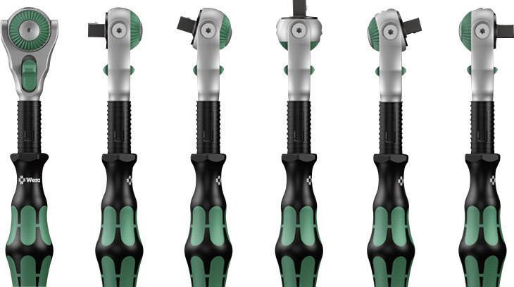 Six different ratchets with black and green handles, demonstrating various head positions for tightening screws.