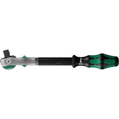 Ratchet with ergonomic handle in black and green, manufactured by Wera, lying on its side. Suitable for precise work.