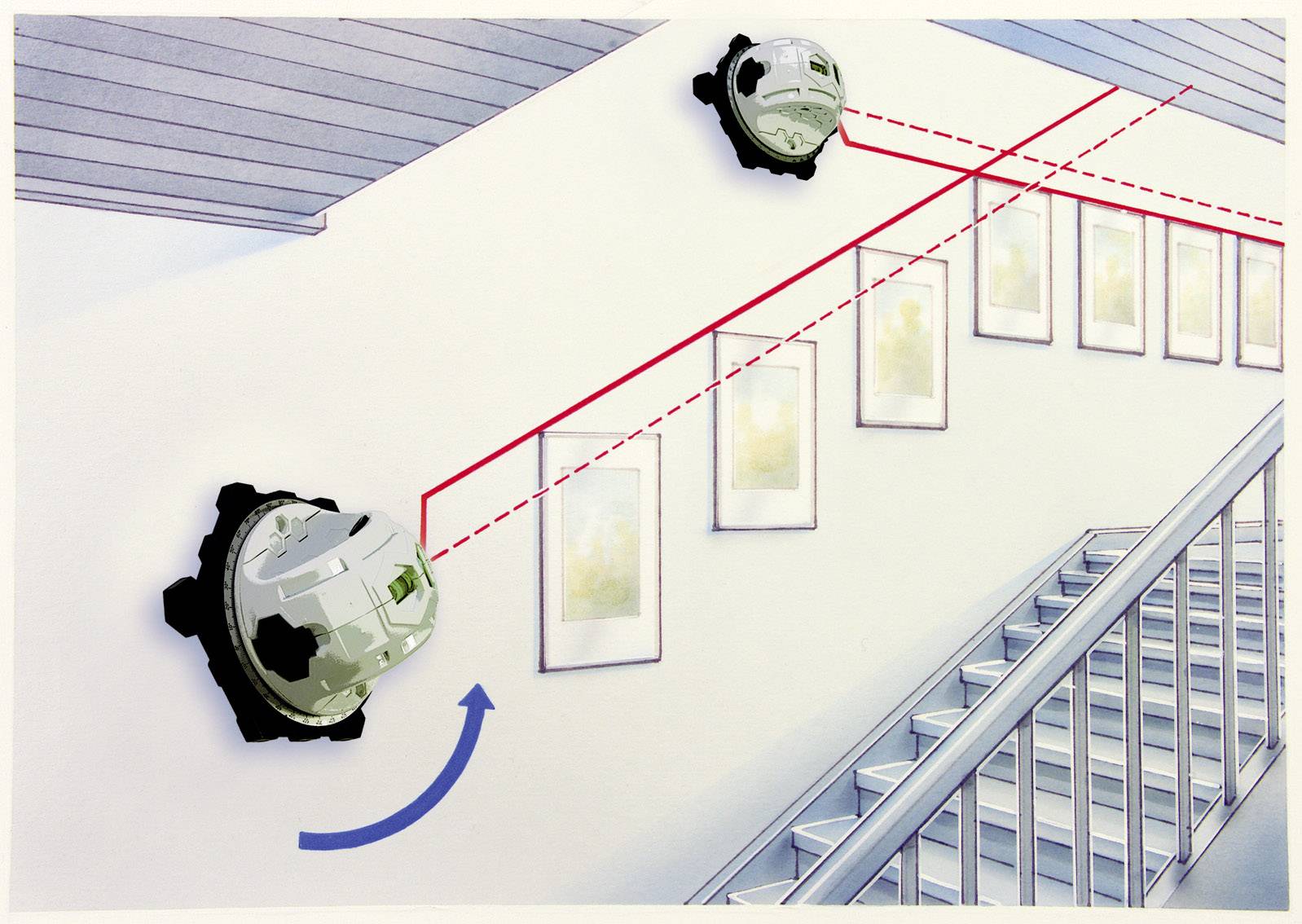 A stairwell with pictures on the wall, laser beams measuring the distance between two machines along the ceiling above the stairs.