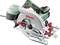 Hand-held circular saw with green handle, silver casing and red safety switch. Brand 'Bosch', Model 'PKS 66 A'.