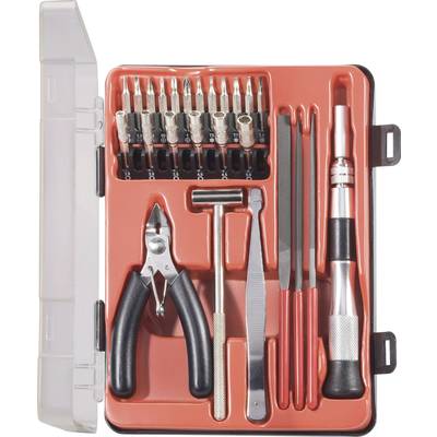 Tool set in an open case, comprising screwdriver bits, pliers, tweezers, hammer and precision mechanics tools.