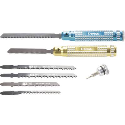 Two handles with saw blades, one in blue, one in gold. Four replacement saw blades for wood and metal, along with a screw head.