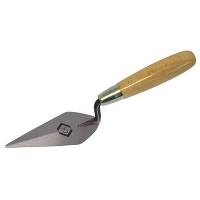 A stainless steel plastering trowel with a wooden handle, commonly used on walls, for smoothing and shaping mortar or concrete.