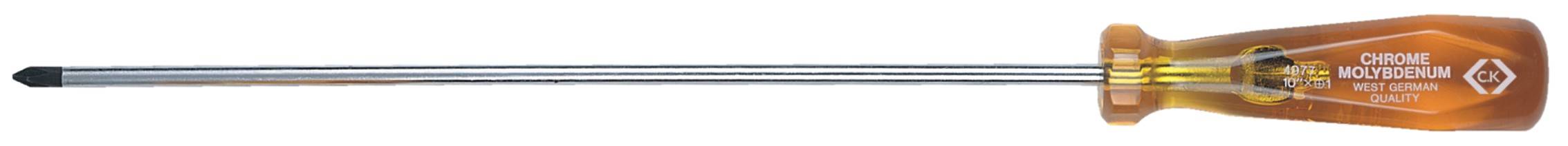 A long screwdriver with a cross-head tip and an orange, translucent handle.