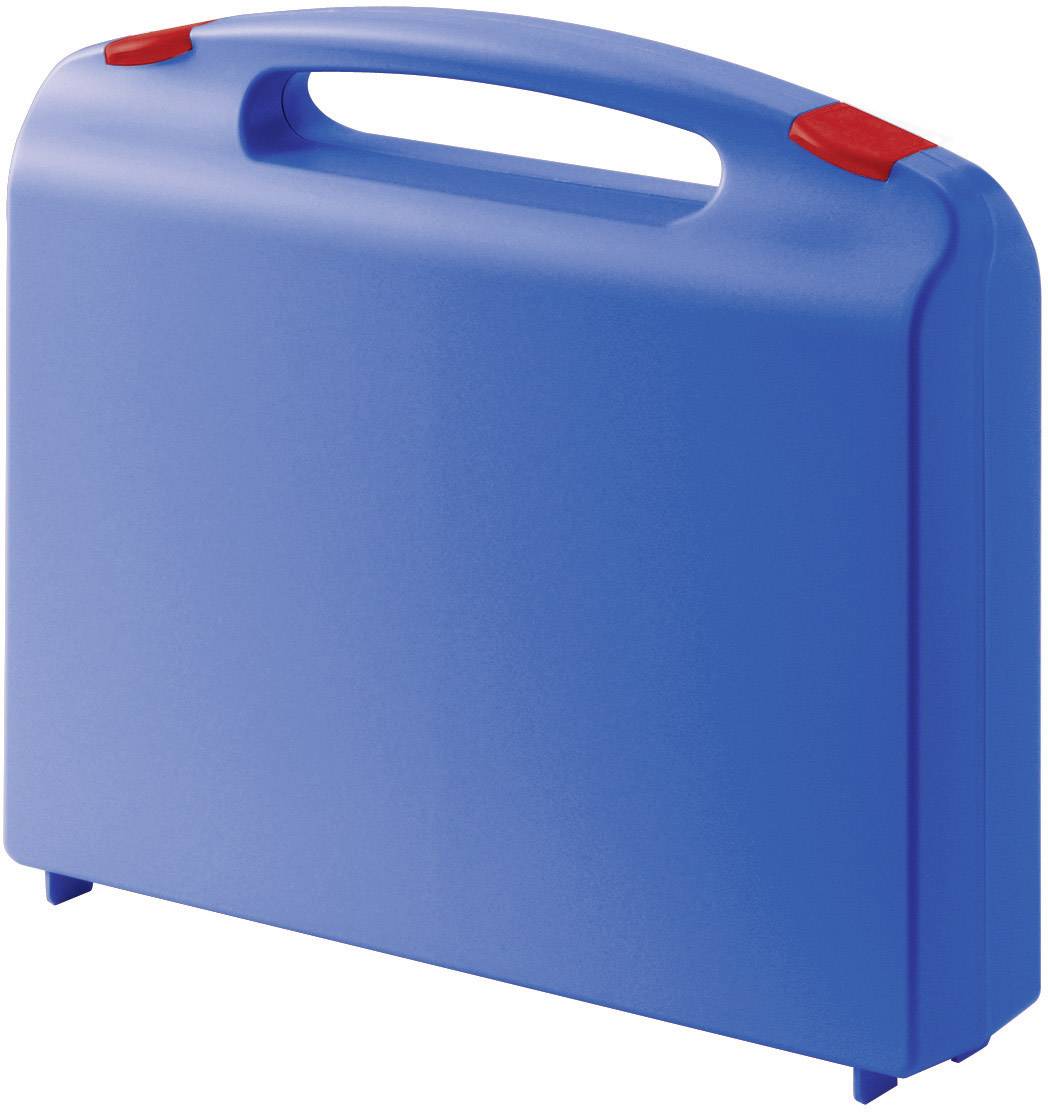 A blue plastic suitcase with a red fastening, standing upright, with an ergonomic handle.