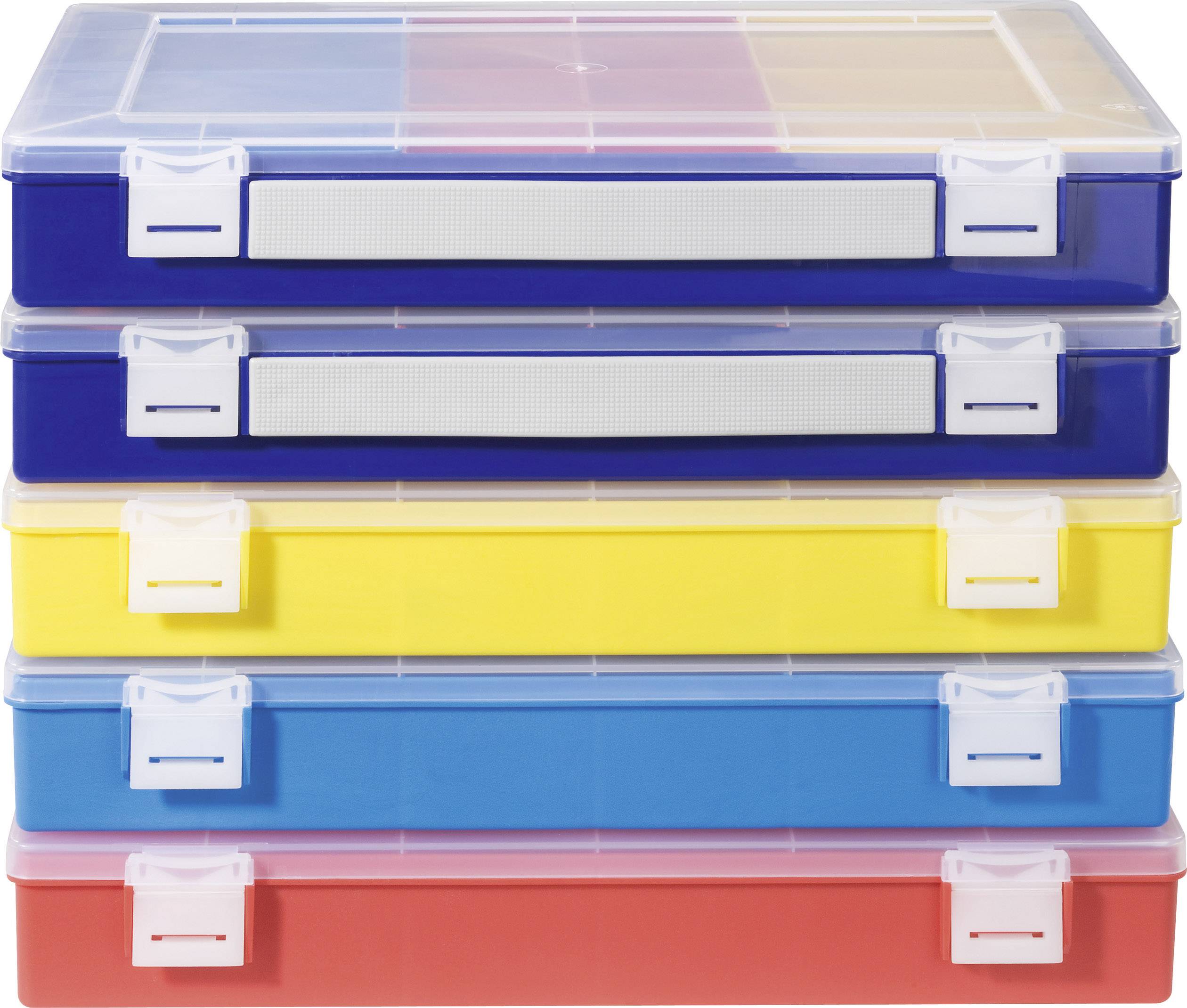 Four colourful stackable plastic storage boxes in red, blue, yellow, and navy blue with transparent lids, used for storage.