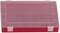Red, rectangular plastic storage box with a transparent lid and compartments for storing small items.