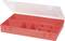 Red plastic storage box with a transparent lid, open. Interior compartments in various sizes for storing smaller items.