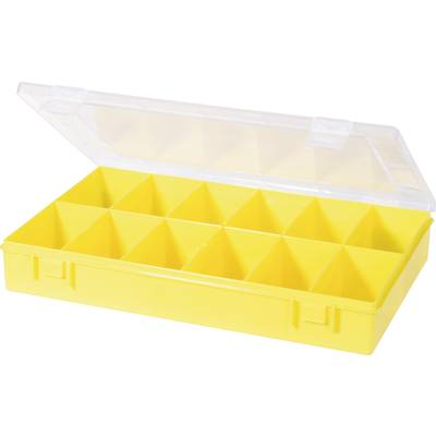 Yellow plastic box with transparent lid, containing twelve empty, equally sized compartments for storing small items.