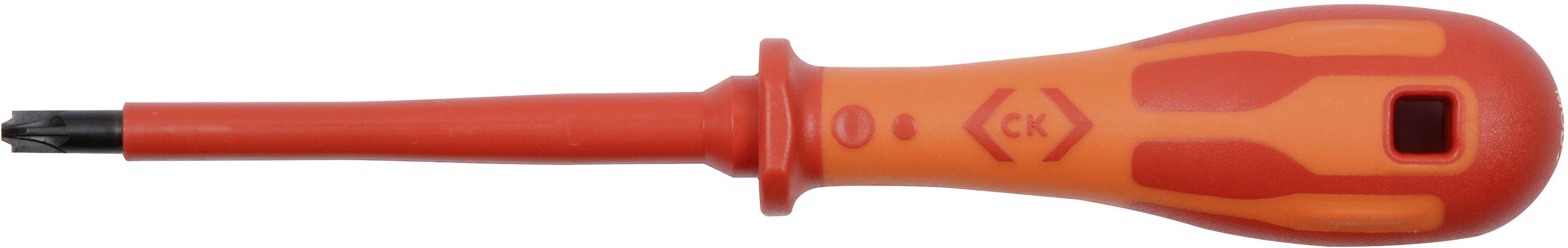 Red screwdriver with insulated handle and flat tip, suitable for electrical work.