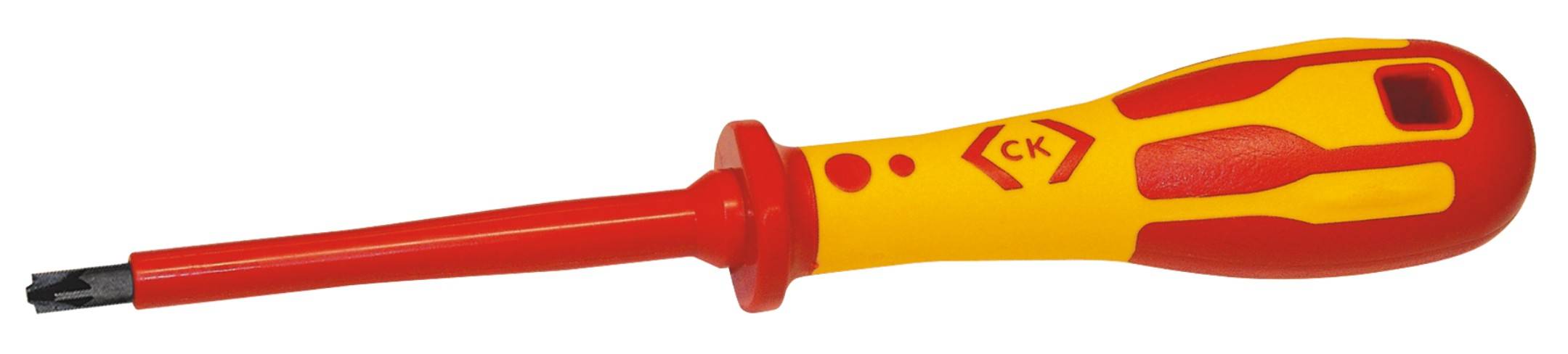 A yellow and red screwdriver with an insulated handle and Torx head, suitable for work on electrical equipment.