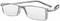 A silver pair of glasses with rectangular lenses and slim arms, set against a white background.